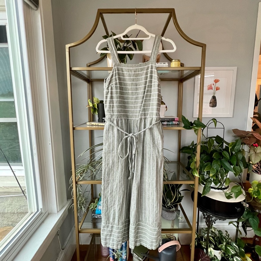 BeachLunchLounge Olive Striped Linen Blend Jumpsuit